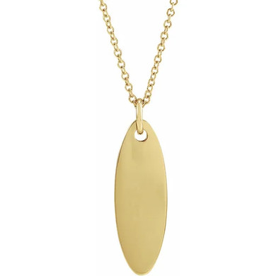 Personalized elongated oval shape pendant in 14k yellow gold.