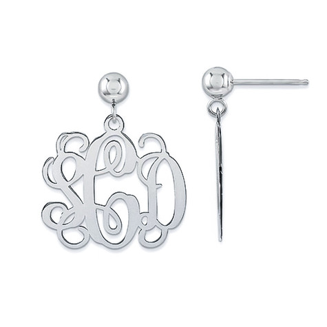 Three letter monogram dangle earrings script font sterling silver.