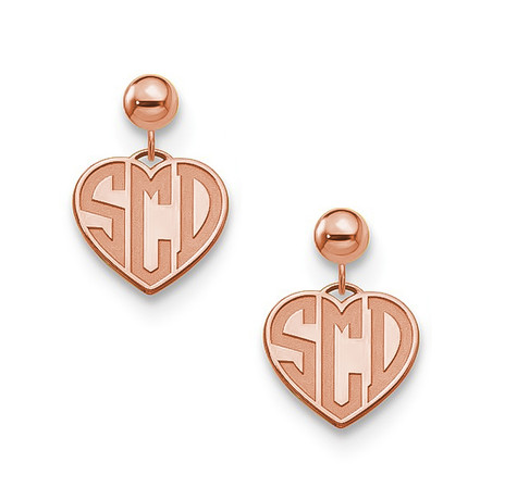 Personalized etched heart monogram initial drop earrings in 14K rose gold.