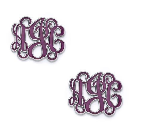 Personalized purple enameled monogram initial cut-out post earrings in 14k white gold.