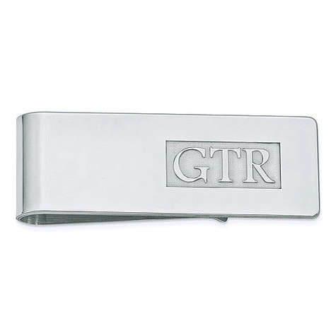 Mens raised initial monogram money clip in sterling silver.