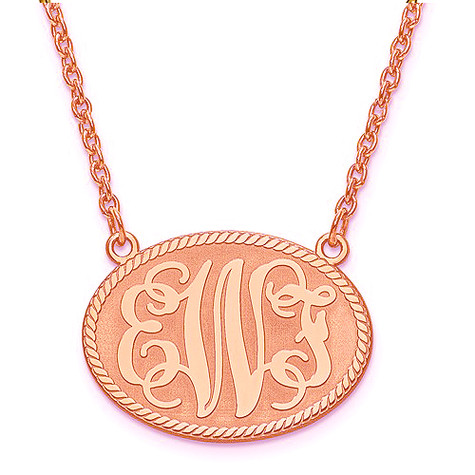 Oval monogram three letter pendant rope border necklace small version in 14K rose gold.