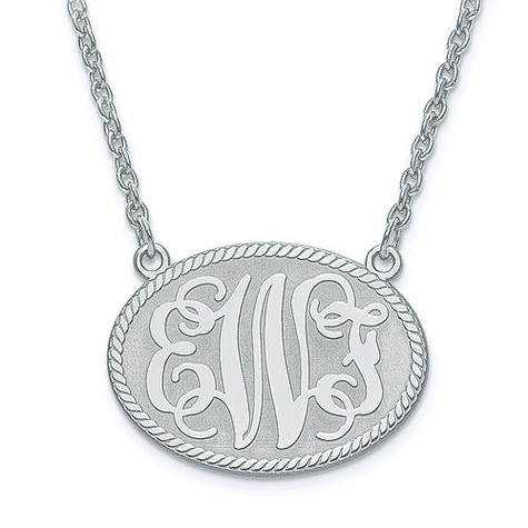 Oval monogram three letter pendant rope border necklace small version in 14K white gold.