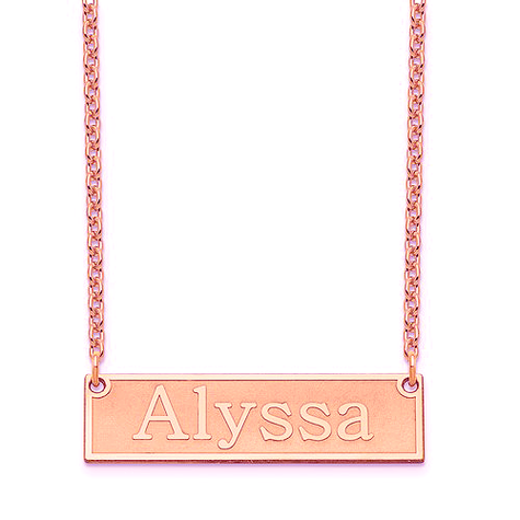 Etched name bar necklace in 14K rose gold.