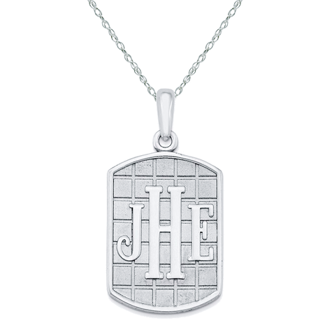 ID dog tag monogram pendant in 14K white gold with chain.