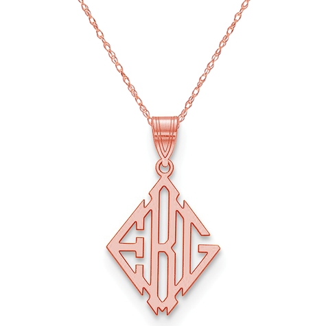 Diamond shape cut out monogram block letter pendant in 14K rose gold with chain.