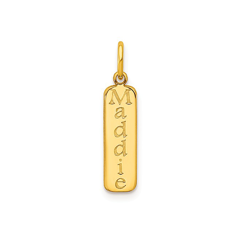 Vertical nameplate bar name pendant in 14k yellow gold.