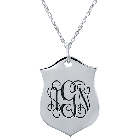 Shield shaped enamel monogram pendant in 14k white gold.