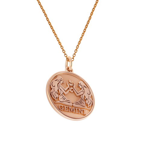 Gemini Zodiac Sign Disc Pendant in 14k rose gold with chain.