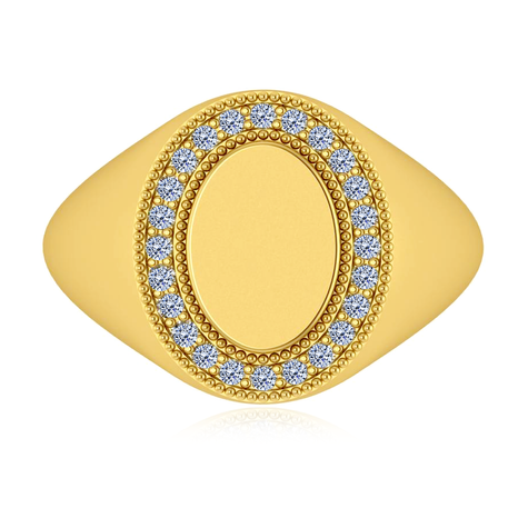 Mens oval milgrain diamond halo signet ring in 14k yellow gold.