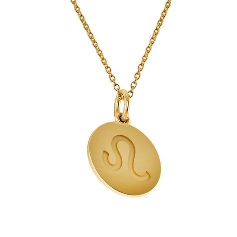 Leo Zodiac Sign Engraved Disc Pendant in 14K yellow gold.