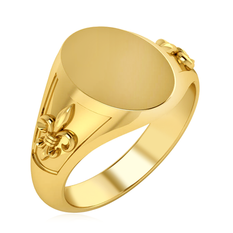 Mens Fleur De Lis Oval Signet Ring in 14K yellow gold.
