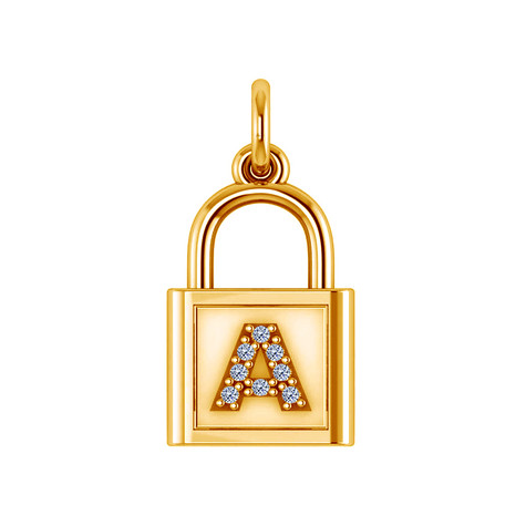 Padlock charm with diamond capital letter pendant in 14k yellow gold.