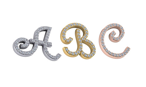 Uppercase cursive diamond capital letter initial necklaces in 14k white gold, 14k rose gold, 14k yellow gold.