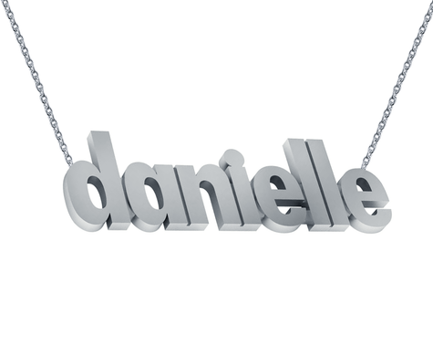 Lowercase letter name necklace in 14k white gold.
