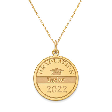 Graduation name and year round disc pendant in 14k yellow gold.
