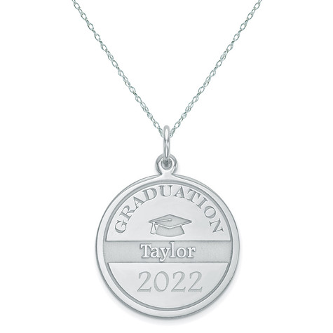 Graduation name and year round disc engraved pendant in 14k white gold.