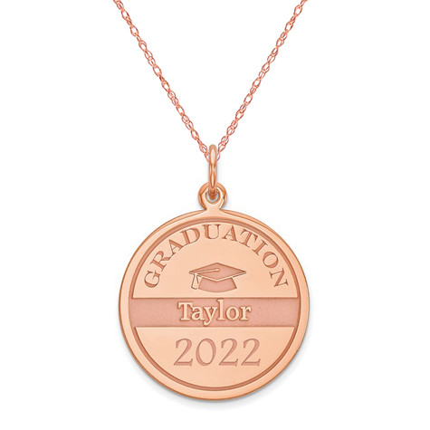 Personalized graduation name and year round disc pendant in 14k rose gold.