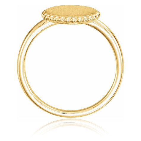 Personalized round disc beaded halo signet ring in 14k yellow gold.