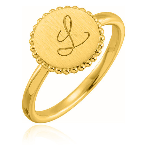 Round disc beaded halo signet ring in 14k yellow gold.