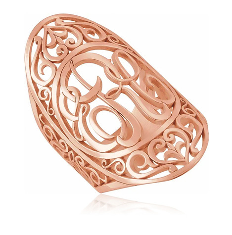 Oval script scroll monogram initial ring in 14k rose gold.