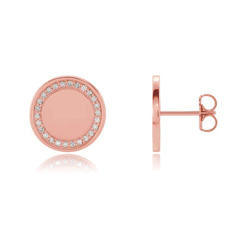 Diamond halo round disc shape initial engravable stud post earrings in 14k rose gold.