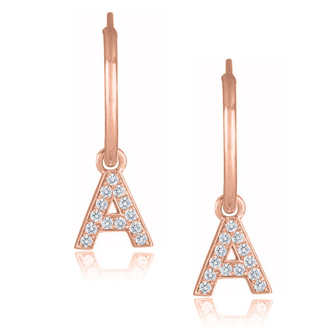 Diamond initial wire hoop earrings in 14k rose gold.