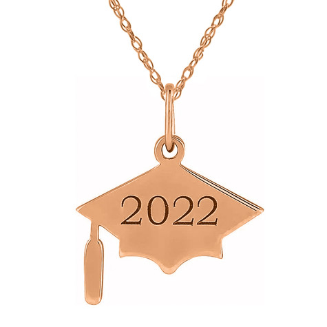 Graduation year cap and tassel pendant in 14k rose gold.