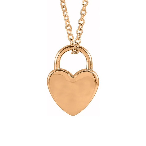 Engravable heart shaped lock pendant in 14k rose gold.