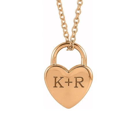 Engravable heart shaped lock pendant in 14k rose gold.