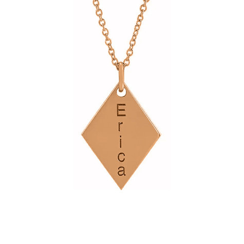 Engraved diamond shape pendant in 14k rose gold.