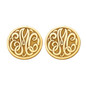 Personalized circle disc monogram script initial post clutch earrings in 14K yellow gold.