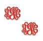 Personalized red enameled monogram initial cut-out post earrings in 14k rose gold.