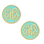 Personalized aqua enameled monogram initial circle disc post earrings in 14K yellow gold.