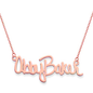 Signature cursive full name plate necklace in 14K rose gold.