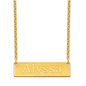 Etched name bar necklace in 14K yellow gold.