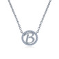 Diamond halo capital letter circle necklace in 14k white gold.