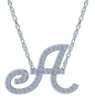 Uppercase cursive capital letter diamond initial necklace in 14k white gold.