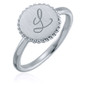 Round disc beaded halo engraved signet ring in 14k white gold.