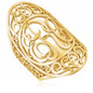 Oval script scroll monogram wide cigar band style ring in 14k yellow gold.