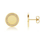 Diamond halo round disc shape initial engravable stud post earrings in 14k yellow gold.