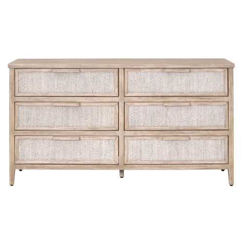 Malay 6-Drawer Double Dresser - White Wash Abaca Rope Natural Gray Mahogany