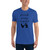 Men's royal blue fitted tshirt with cursive text stating "Drink Pray Regret" over a person kneeling in front of a toilet displayed on front of shirt