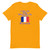 "I Like My Beer Like I Like My Women, French" text sandwiching a French flag on orange tshirt