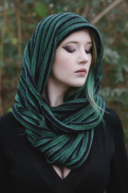 Bog Witch Infinity Scarf, black/green, worn as a cowl hood, front view