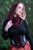 Bog Witch Infinity Scarf, black/burgundy, worn as a cowl hood, front view