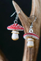 Amanita Mushroom Earrings : Molded polymer clay earrings in the shape of amanita muscaria mushrooms with red accent color.