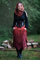 Elven Blade Skirt in Orange/Burgundy with Willow Choker Top, Selene Corset Belt, and Bog Witch Infinity Scarf