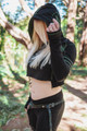 Moonflower crop hoodie, black with green, crescent moon and luna moth embroidery, thumbholes