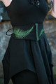 Herbalist Belt, two ferns on right and left with green embroidery paired with the Huntress Dress, right side view